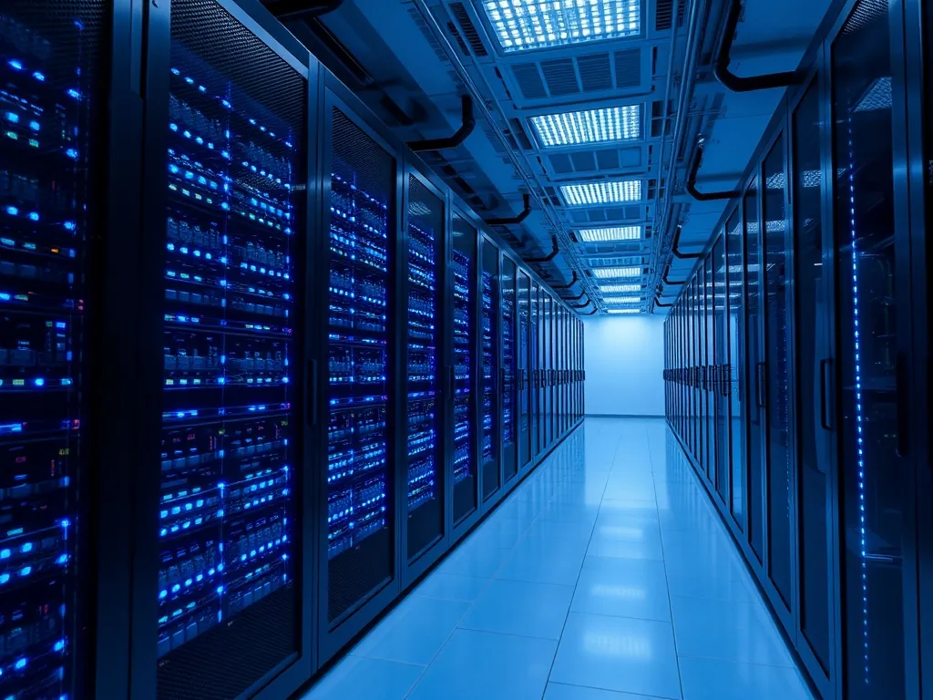 A high-tech server room with blue LED lights, showing rows o