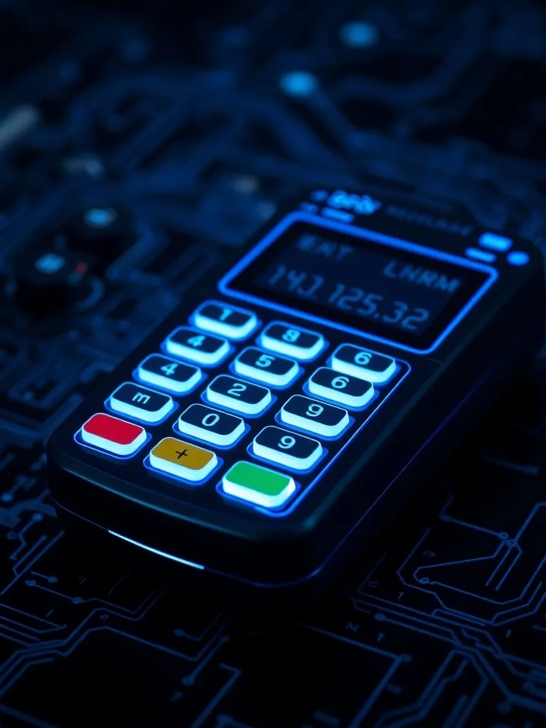 Close-up of a high-tech credit card reader with blue glowing